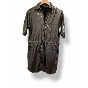 BCBGMAXAZRIA Gunmetal Metallic Shirt Dress XS Tie Waist Button Front Pocket Mini